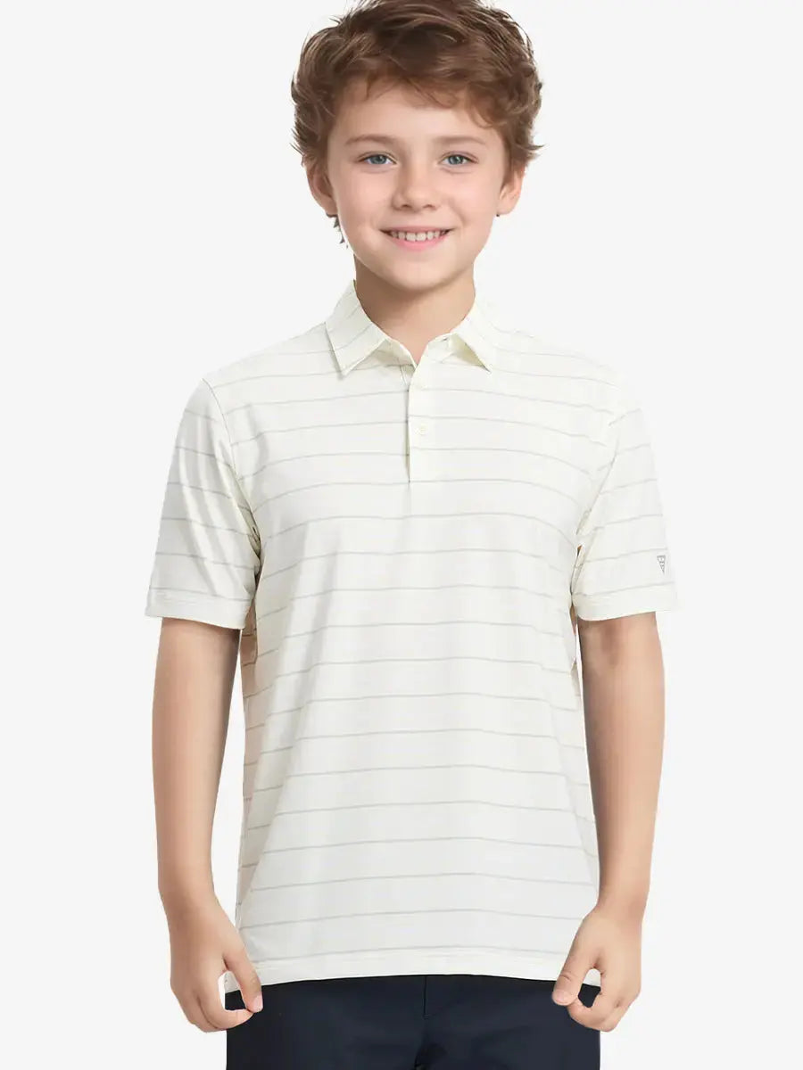 Half-body front view of child in BEIGE STRIPE Kids Stylish Stripe Polo Shirt.
