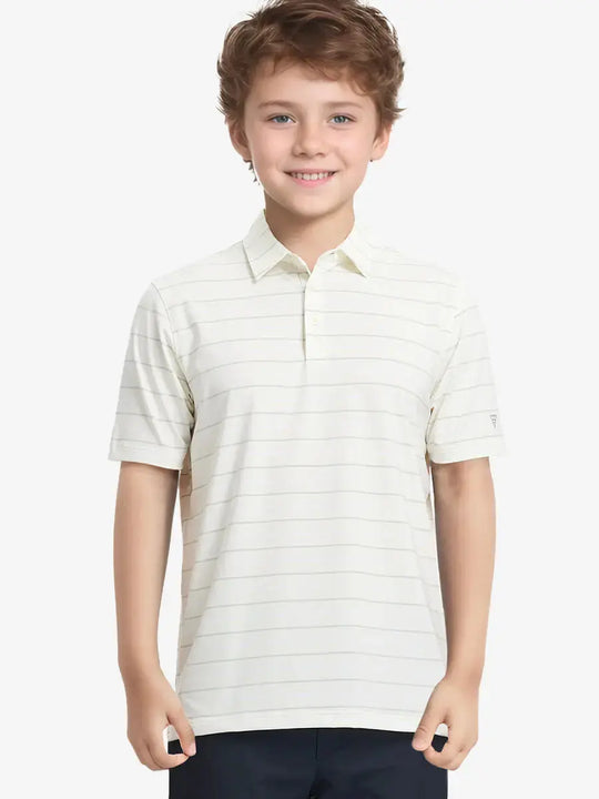Half-body front view of child in BEIGE STRIPE Kids Stylish Stripe Polo Shirt.