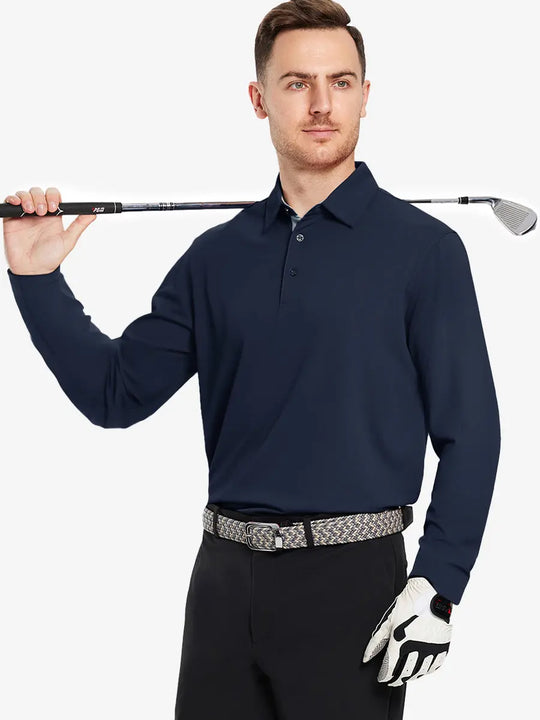 Model showcasing the navy long sleeve pique polo, holding a golf club, emphasizing its modern and sleek design
