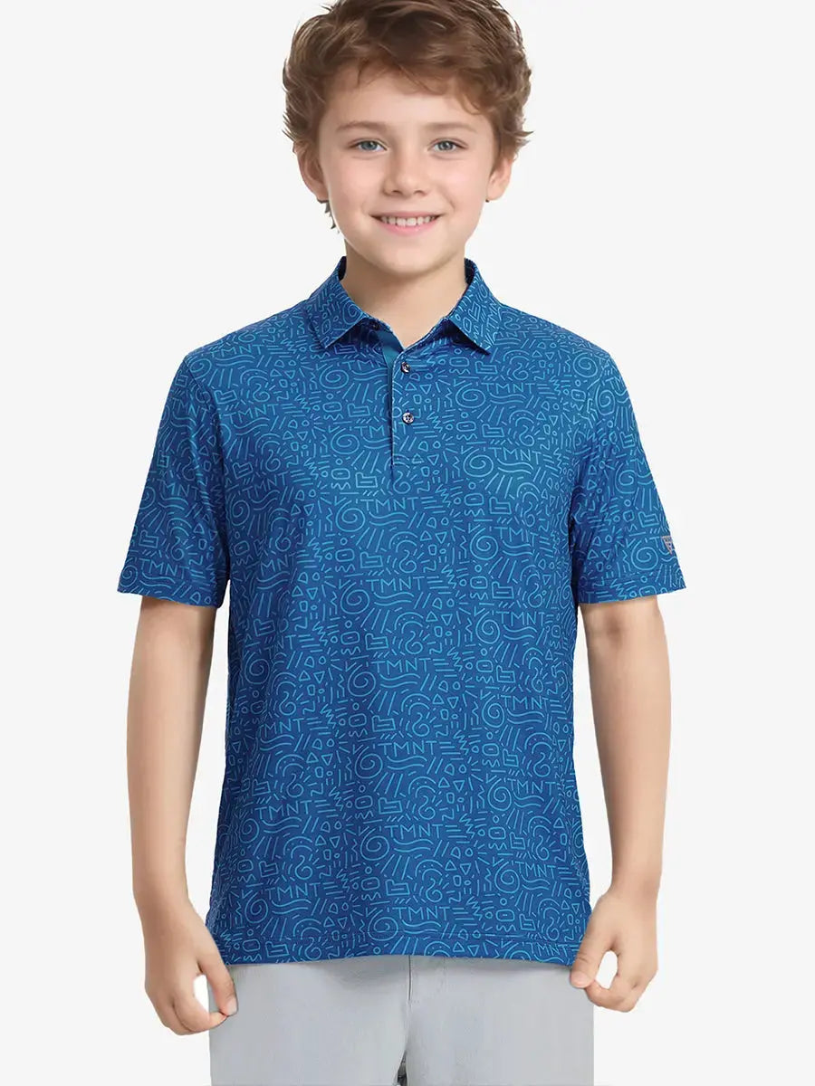 Half-body front shot of boy in BLUE GRAFFITI Performance Print Boys Golf Polo, holding golf club