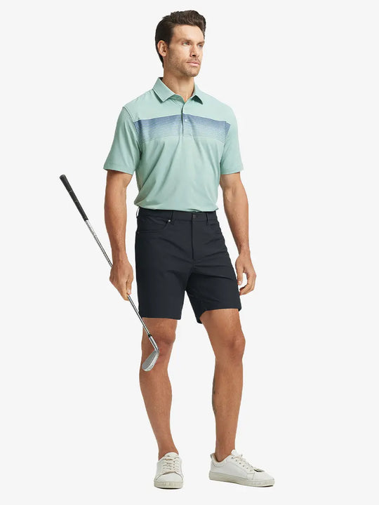 BLACK 4-way Stretch Performance Solid Shorts, golfer full-body front with club, 7 Inch length