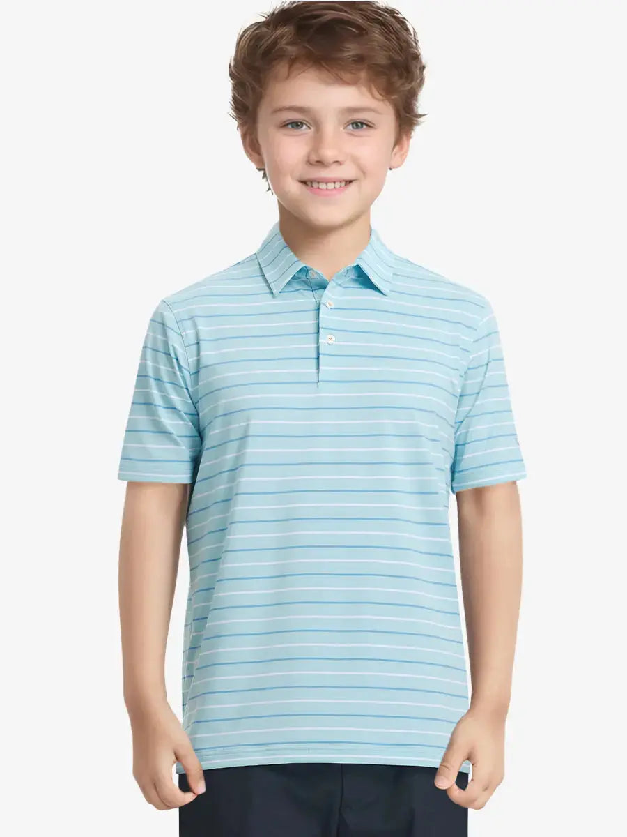 Half-body front view of child in ICED AQUA STRIPE Kids Stylish Stripe Polo Shirt.