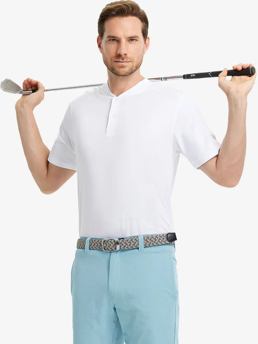 Front half-body view holding a golf club in Everyday Collarless Jersey Shirt in White.