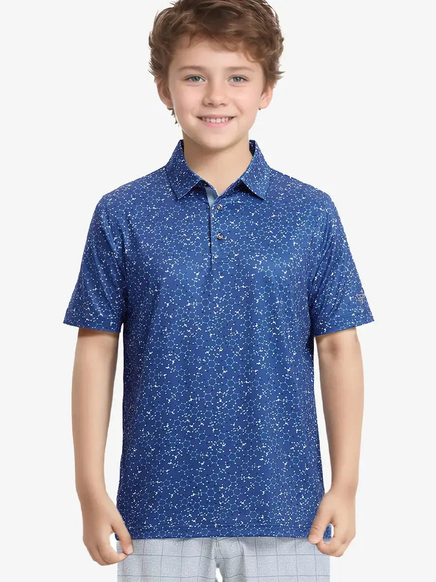 Half-body front shot of boy in BLUE MOLECULAR STRUCTURE polo, mid-swing with golf club