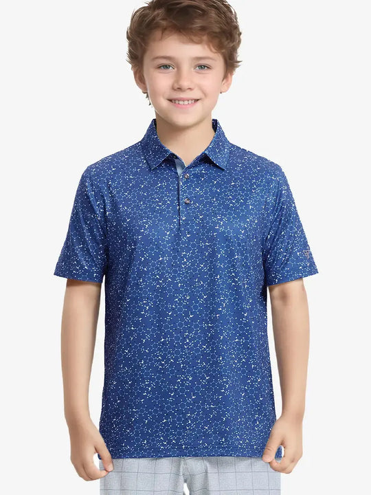 Half-body front shot of boy in BLUE MOLECULAR STRUCTURE polo, mid-swing with golf club