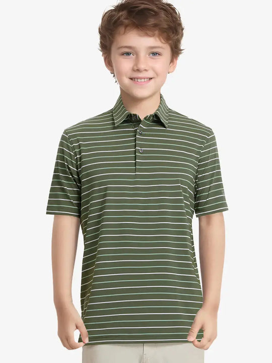 Half-body front view of child in OLIVE GREEN STRIPE Kids Stylish Stripe Polo Shirt.