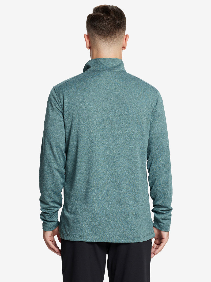 Back half-body view, model showcasing fit of DARK GREEN MELANGE Moisture Wicking Quarter Zip Pullover.