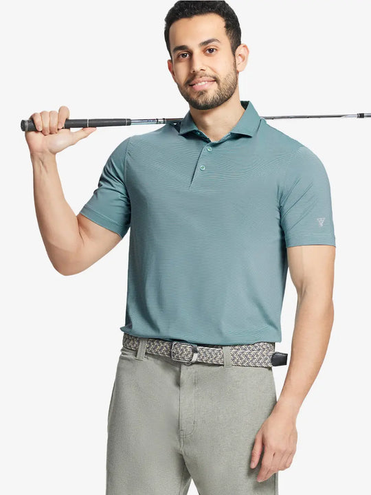 Model in GREEN ASH STRIPE Pinstripe Jersey Performance Polo holding golf club, front half-body view								
