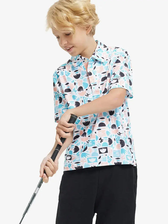 Front half-body shot of boy model in IRREGULAR GEO Performance Print Boys Golf Polo, ready to play
