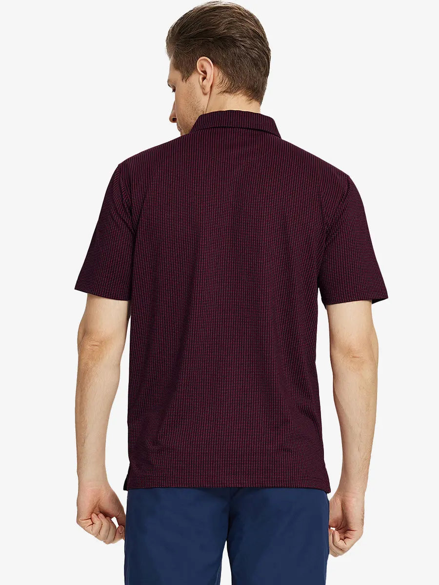 Back half-body view of model wearing RED Elegant Performance Jacquard Polo