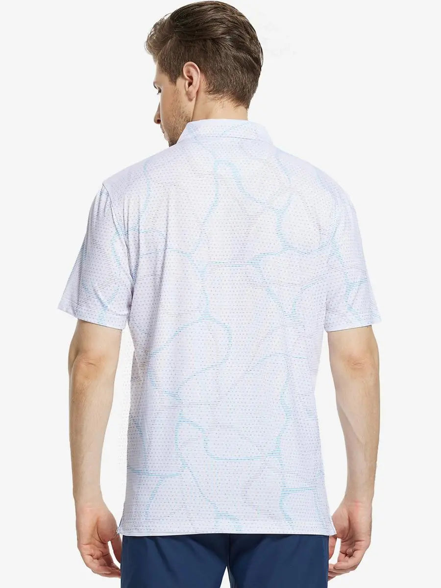 Back view of MAELREG Men's Performance Jersey Print Polo in Abstract Stripe – athletic fit