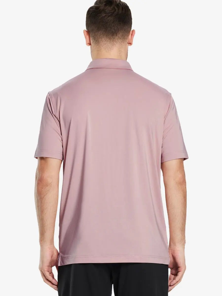 Back half-body view of male model wearing the Pale Pink Everyday Classic Solid Polo
