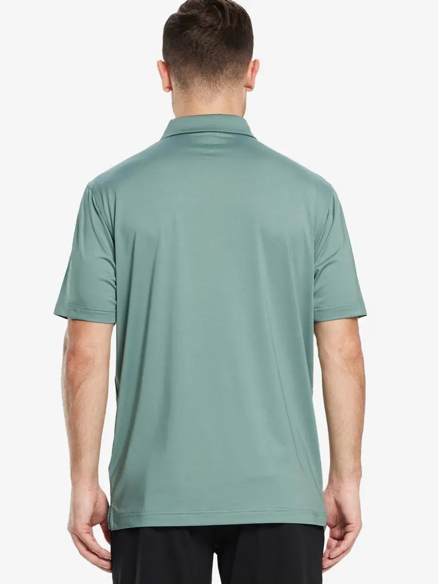 Back half-body view of male model wearing the Beryl Green Everyday Classic Solid Polo