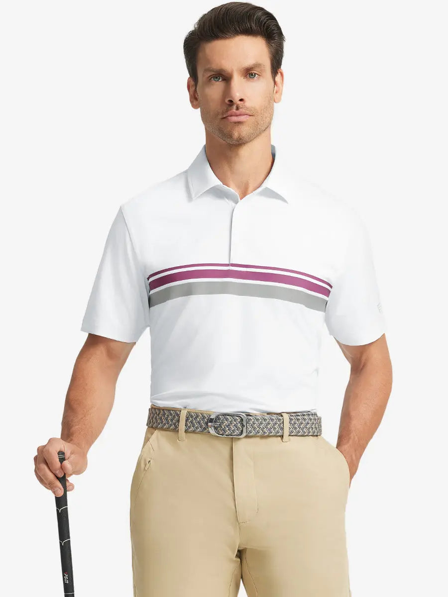 Half-body front view of model holding golf club wearing WHITE Stylish Chest Print Snap Polo