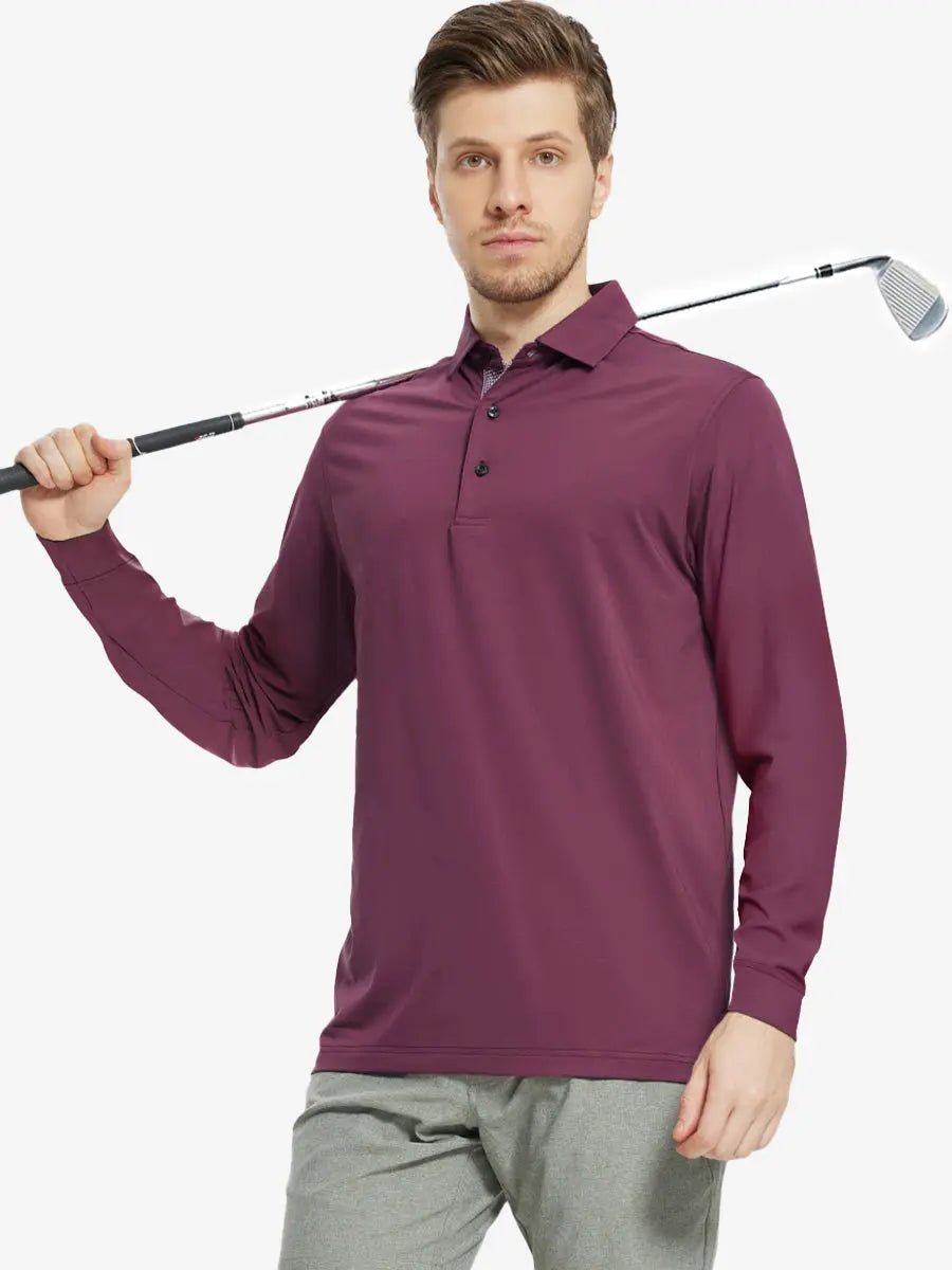 Model in BORDEAUX RED Long Sleeve Solid Jersey Polo holding golf club with confident front pose