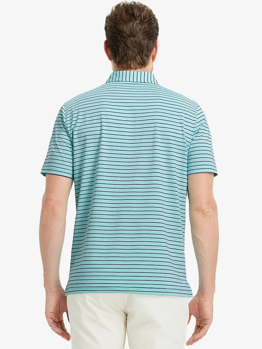 Back half-body view of TURQUOISE/NAVY STRIPE Polo with sleek fit