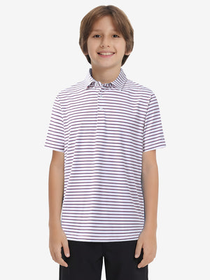 Front upper body of model wearing youth performance golf polos, clean fit and sporty white/navy stripe look