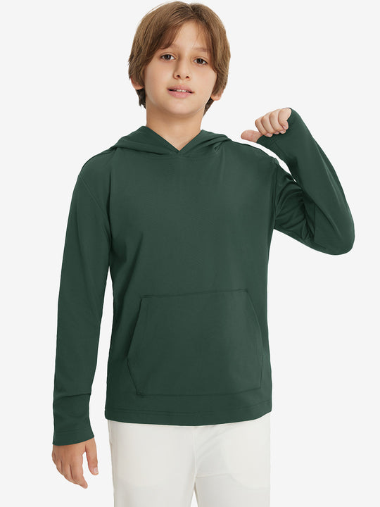 Front upper body view of youth long sleeve hoodied with kangaroo pocket in forest green, casual fit.