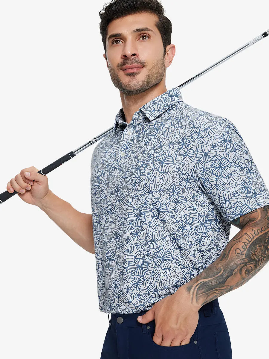 Half-body front view of model holding golf club wearing STERLING GREY FLOWER Popular Heather Print Polo