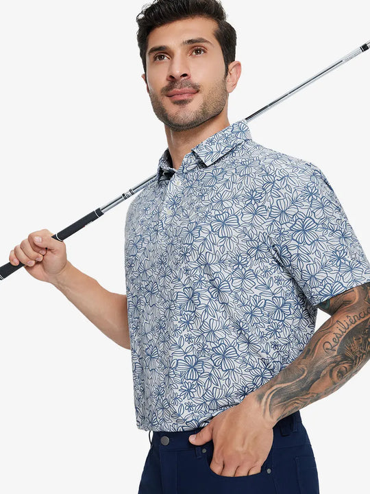Half-body front view of model holding golf club wearing STERLING GREY FLOWER Popular Heather Print Polo