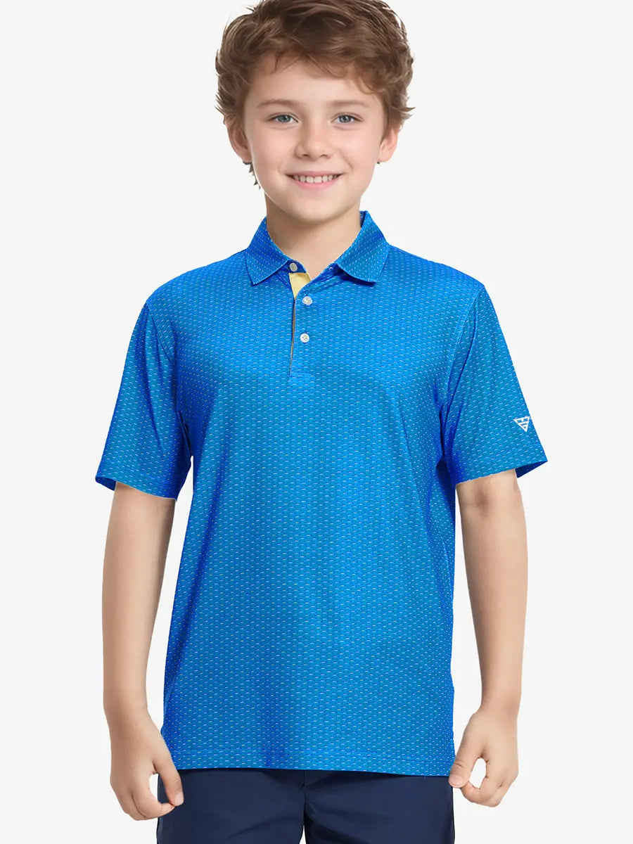 Half-body front shot of boy in BLUE SWORDFISH polo mid-putt with golf club in hand