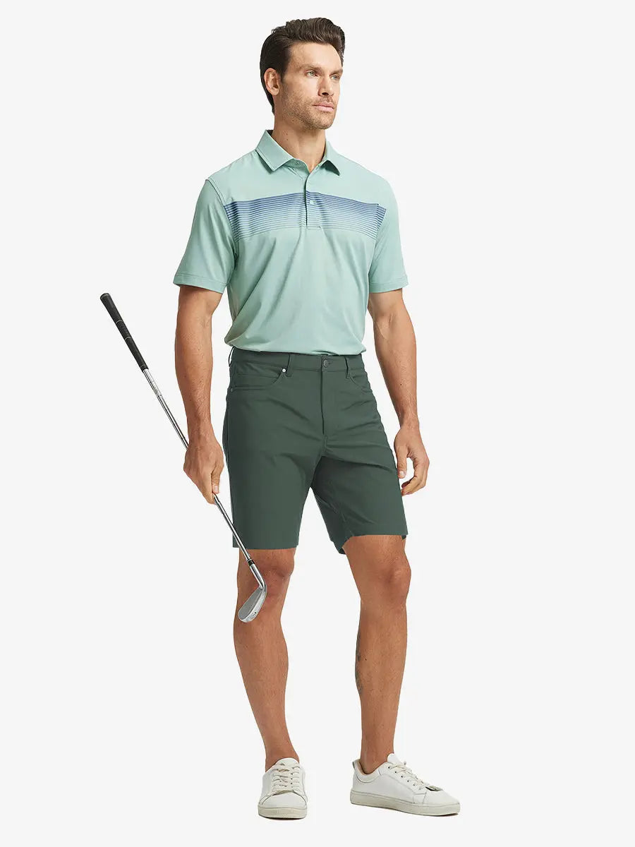 OLIVE GREEN 4-way Stretch Performance Solid Shorts, golfer full-body front with club, 9 Inch length