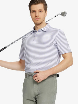 Front half-body shot holding golf club in Lavender White Yarn Dyed Stripe Polo – fresh and refined
