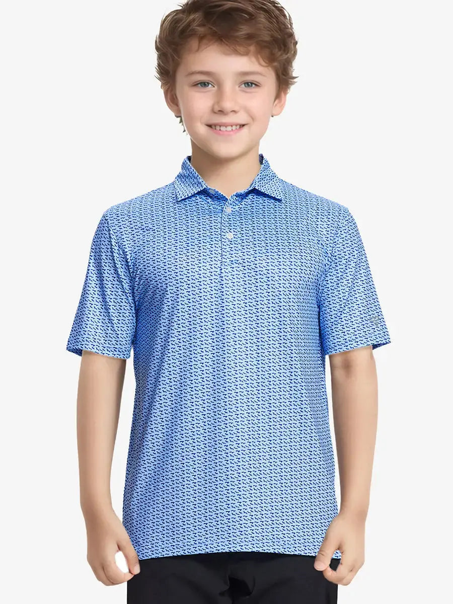 Boy golfer in BLUEJAY NAVY DOGS polo mid-putt with focused stance and smooth swing