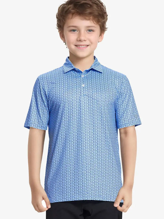 Boy golfer in BLUEJAY NAVY DOGS polo mid-putt with focused stance and smooth swing