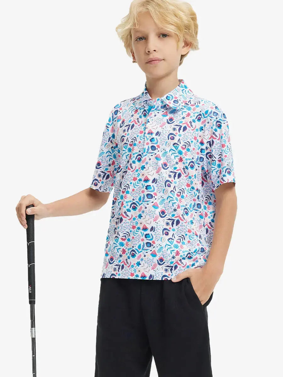 Front half-body shot of boy model in COLORFUL PLANTS Performance Print Boys Golf Polo, ready to play