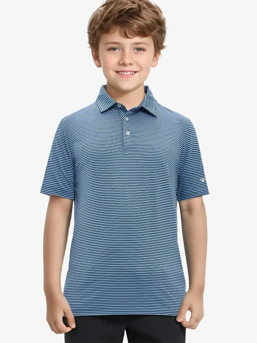 MAELREG Youth Polo – half-body front view, neutral pose in Blue Denim Stripe