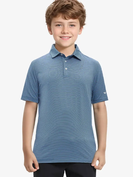 MAELREG Youth Polo – half-body front view, neutral pose in Blue Denim Stripe