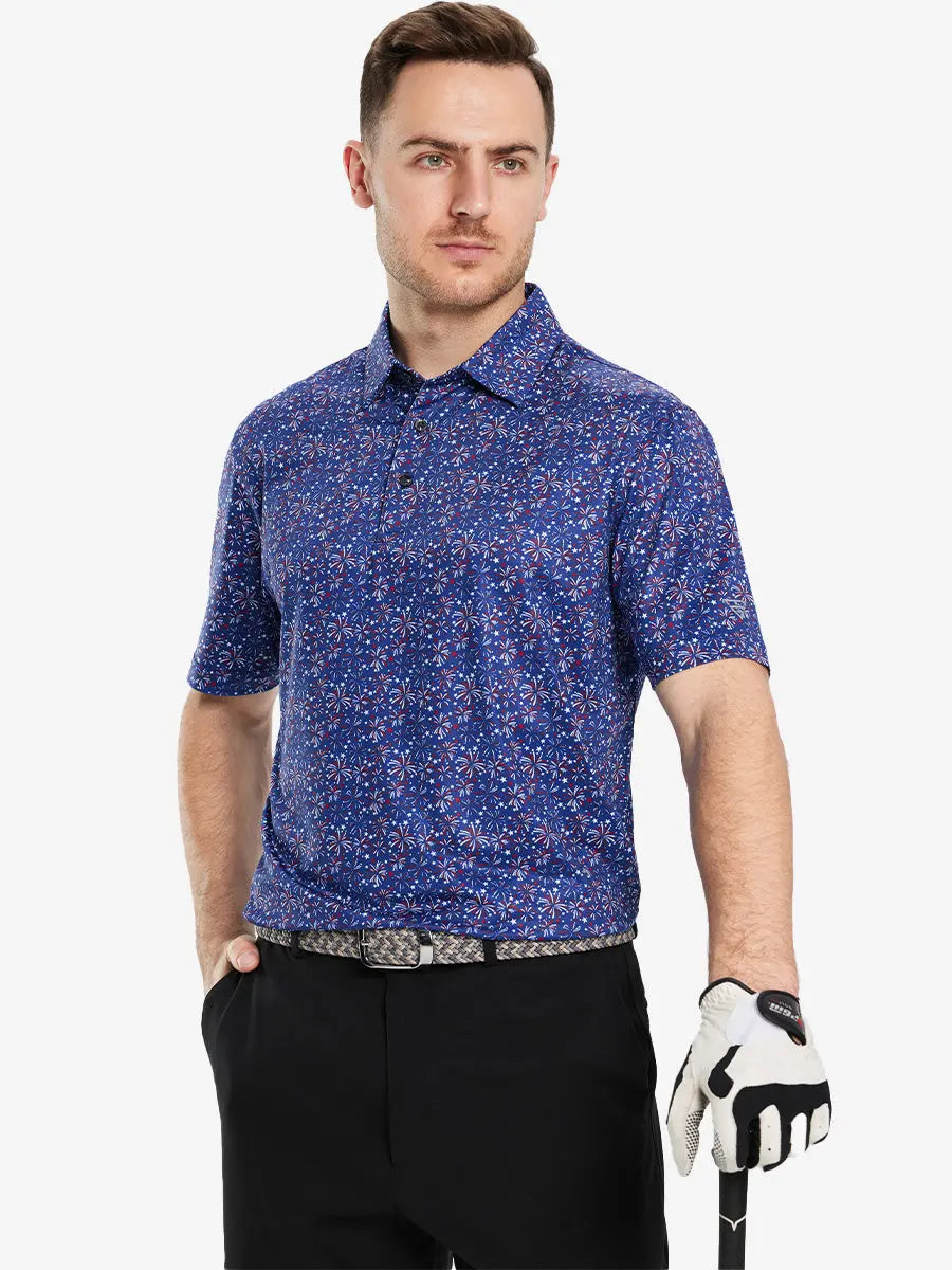The model wears a navy blue firework patterned polo shirt and holds a golf club, emphasizing the festive and patriotic feelings, perfectly adapting to the golf scene.