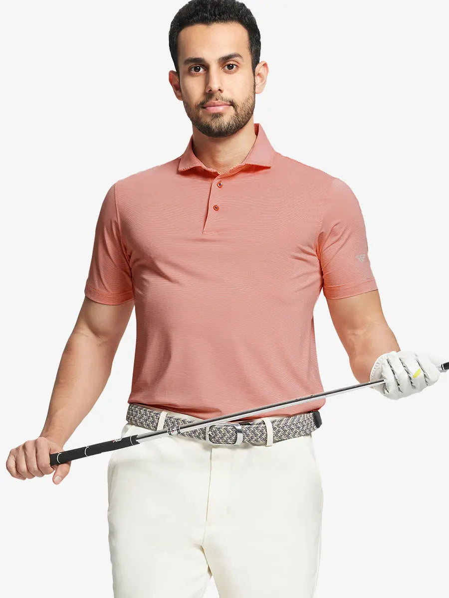 Model in ORANGE STRIPE Pinstripe Jersey Performance Polo holding golf club, front half-body view								
