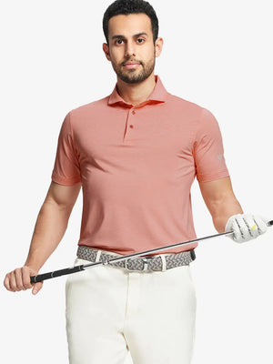 Model in ORANGE STRIPE Pinstripe Jersey Performance Polo holding golf club, front half-body view								
