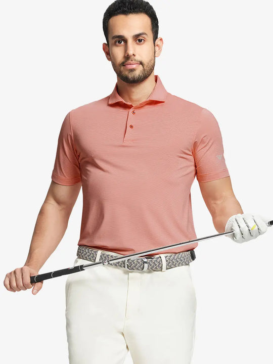 Model in ORANGE STRIPE Pinstripe Jersey Performance Polo holding golf club, front half-body view								
