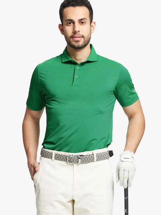 Model in GREEN STRIPE Pinstripe Jersey Performance Polo holding golf club, front half-body view								
