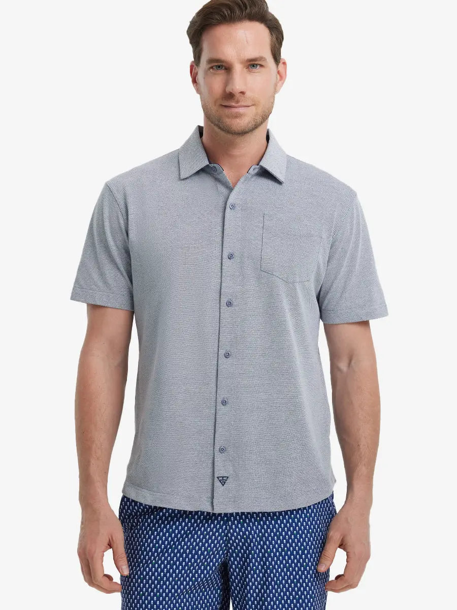Model half-body front view wearing DARK BLUE HEATHER Cotton Blend Plain Shirt.