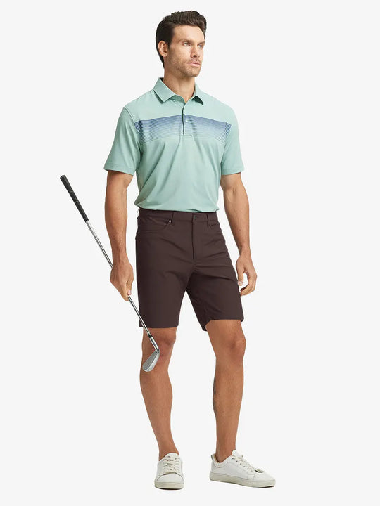 GLACIER GREY 4-way Stretch Performance Solid Shorts, golfer full-body front with club, 9 Inch length