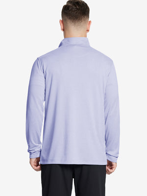 Back waist-up shot of model wearing light purple melange moisture wicking quarter zip pullover