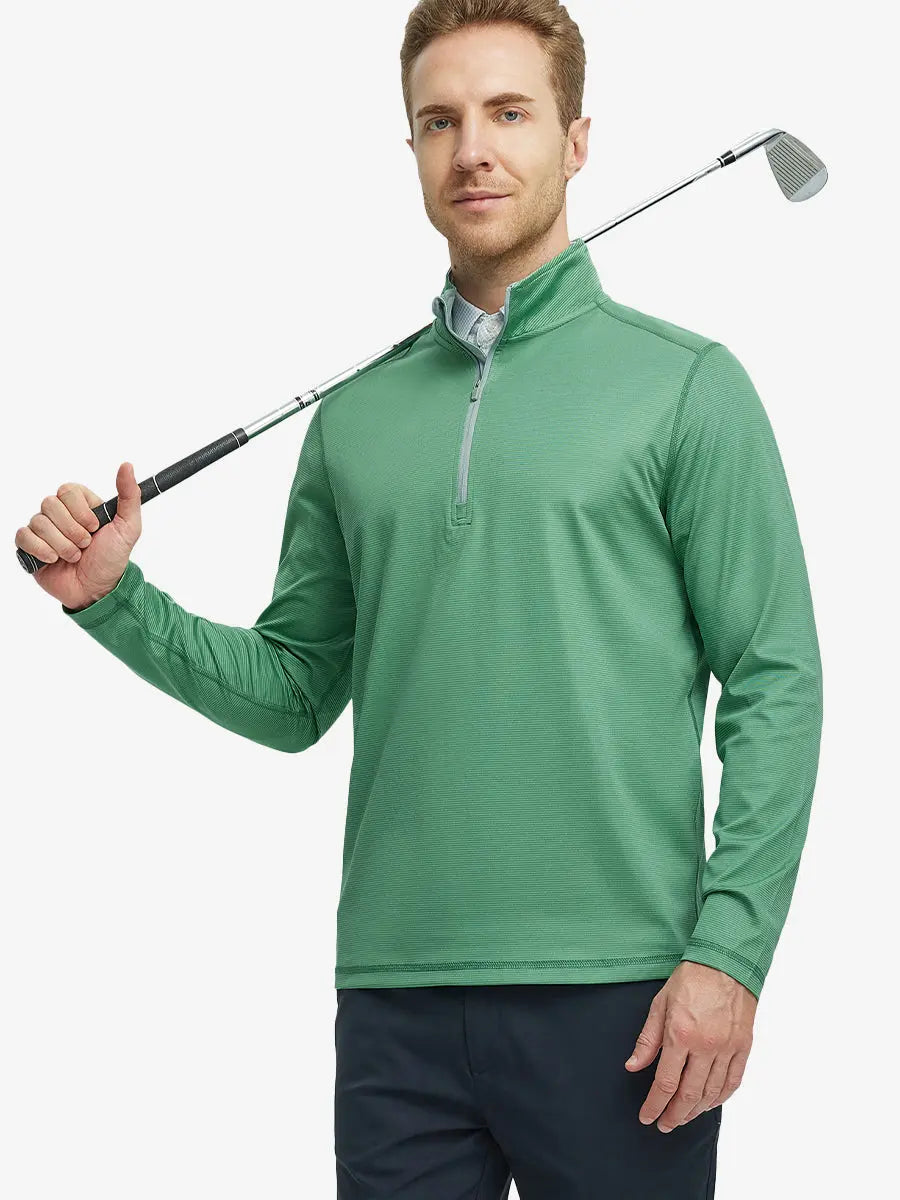 Half-body front view of model holding golf club in Pinstripe Quarter Zip Pullover – GREEN MELANGE