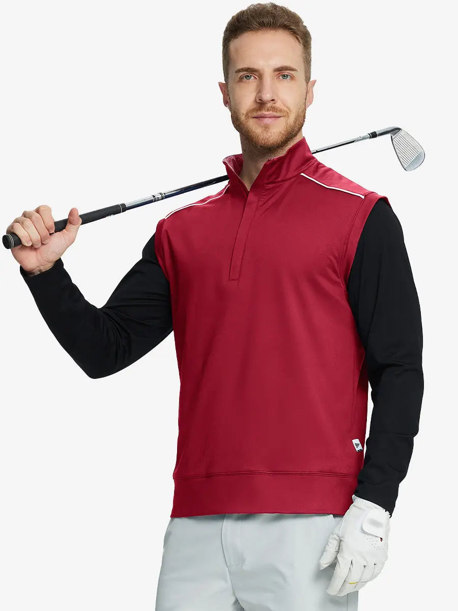 Half-body front view of model holding golf club wearing RED Stretch Solid Fleece Quarter-Zip Vest.								
