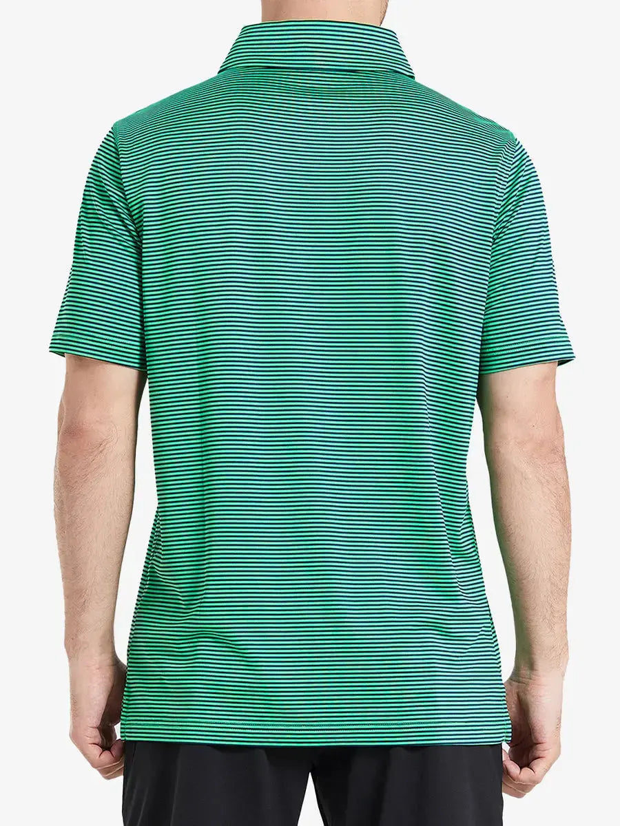 Rear half-body view showcasing back design and stripe alignment of Cooling Stripe Golf Shirt – GREEN STRIPE