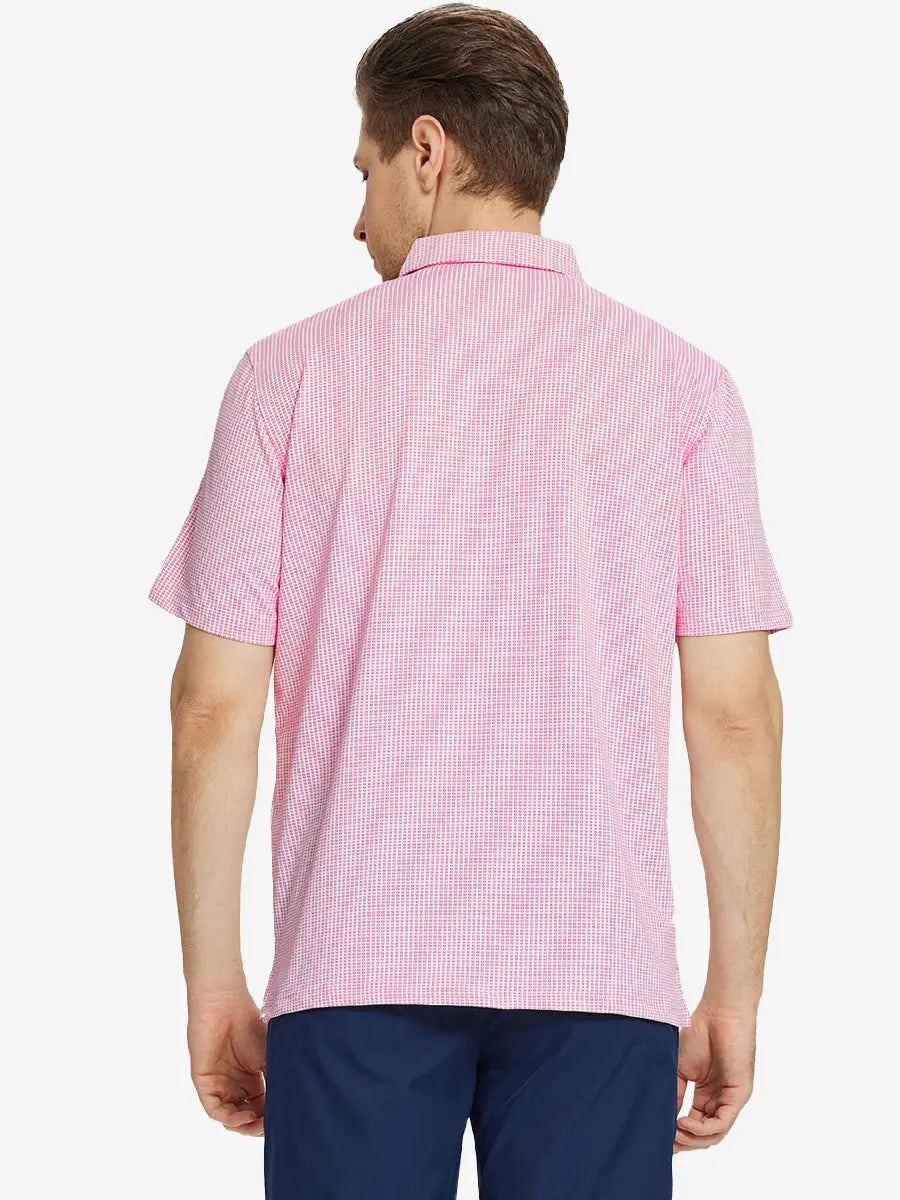 Back half-body view of model in ROSE Elegant Performance Jacquard Polo