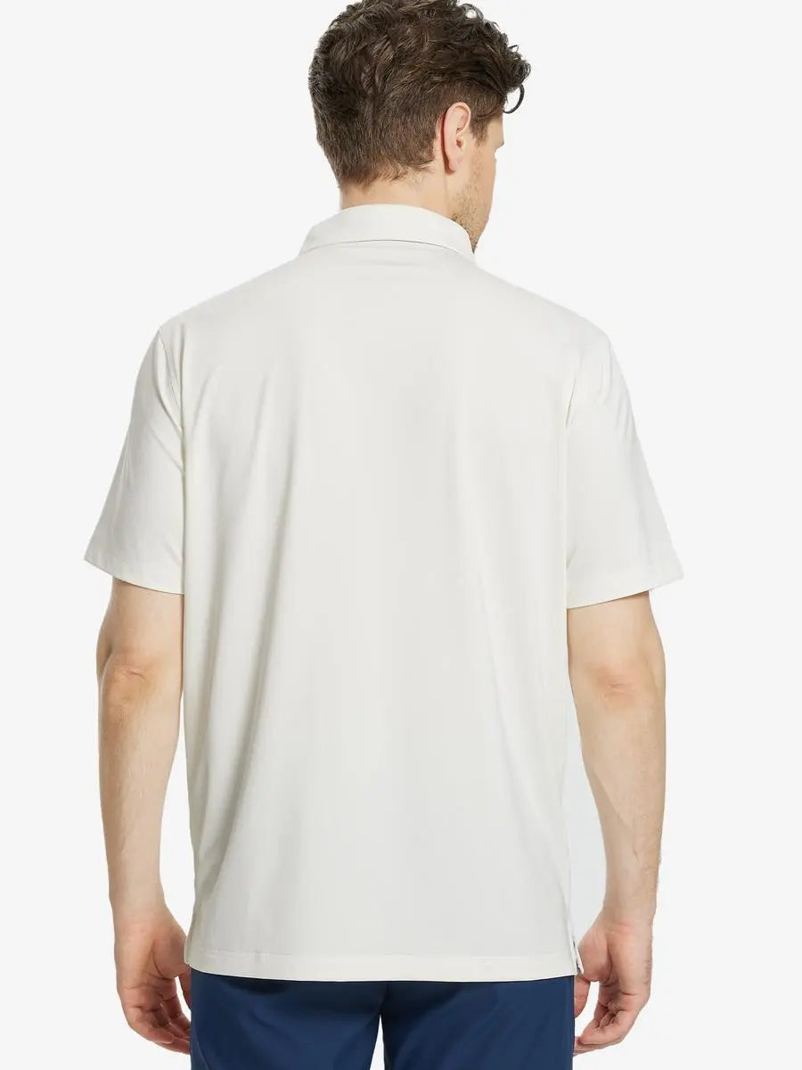 Back half-body view of male model wearing the Cream Everyday Classic Solid Polo
