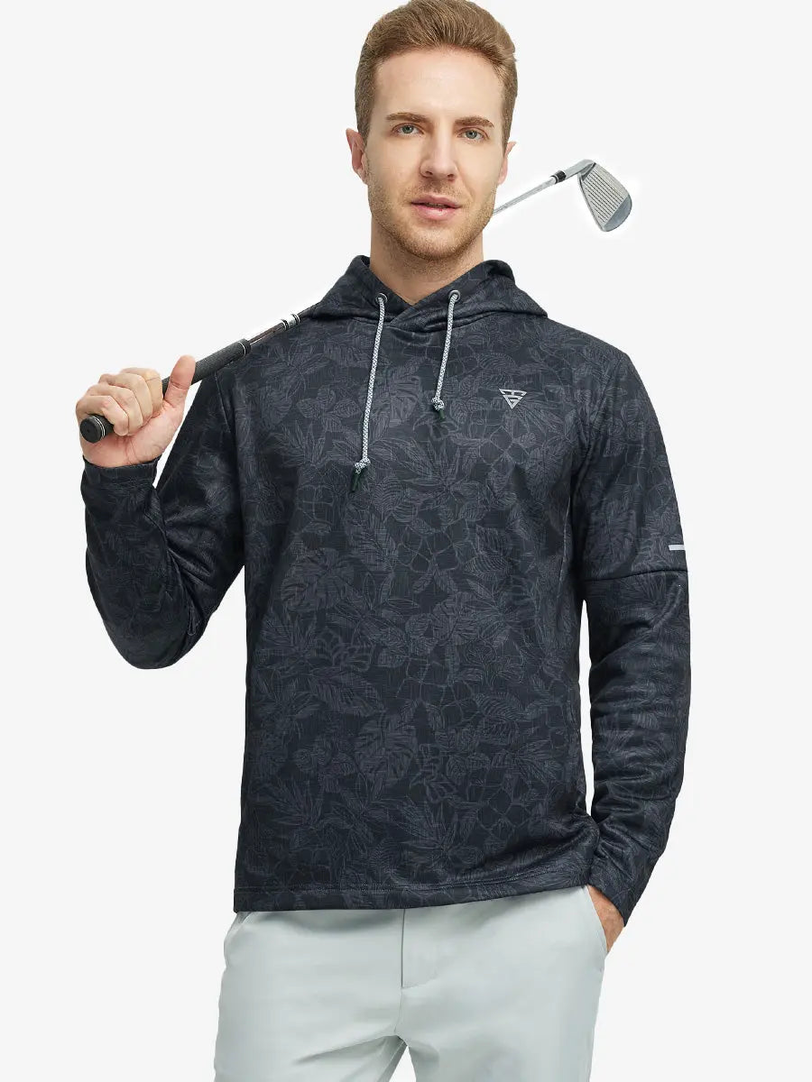 Front half-body shot of model in Black Grey Leaf Trendy Print Hoodies Pullover with hands visible