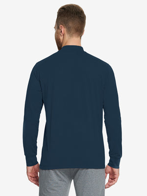 Back angle of Men’s Mock Turtleneck Shirt in Navy, model turns head slightly with ease.