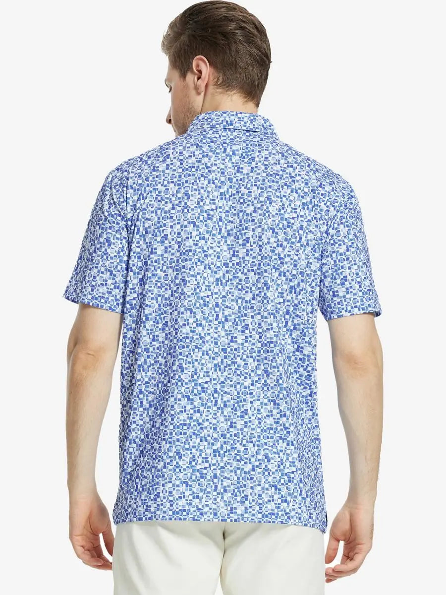 Back view of MAELREG Men's Performance Jersey Print Polo in Blue White Mosaic – athletic fit