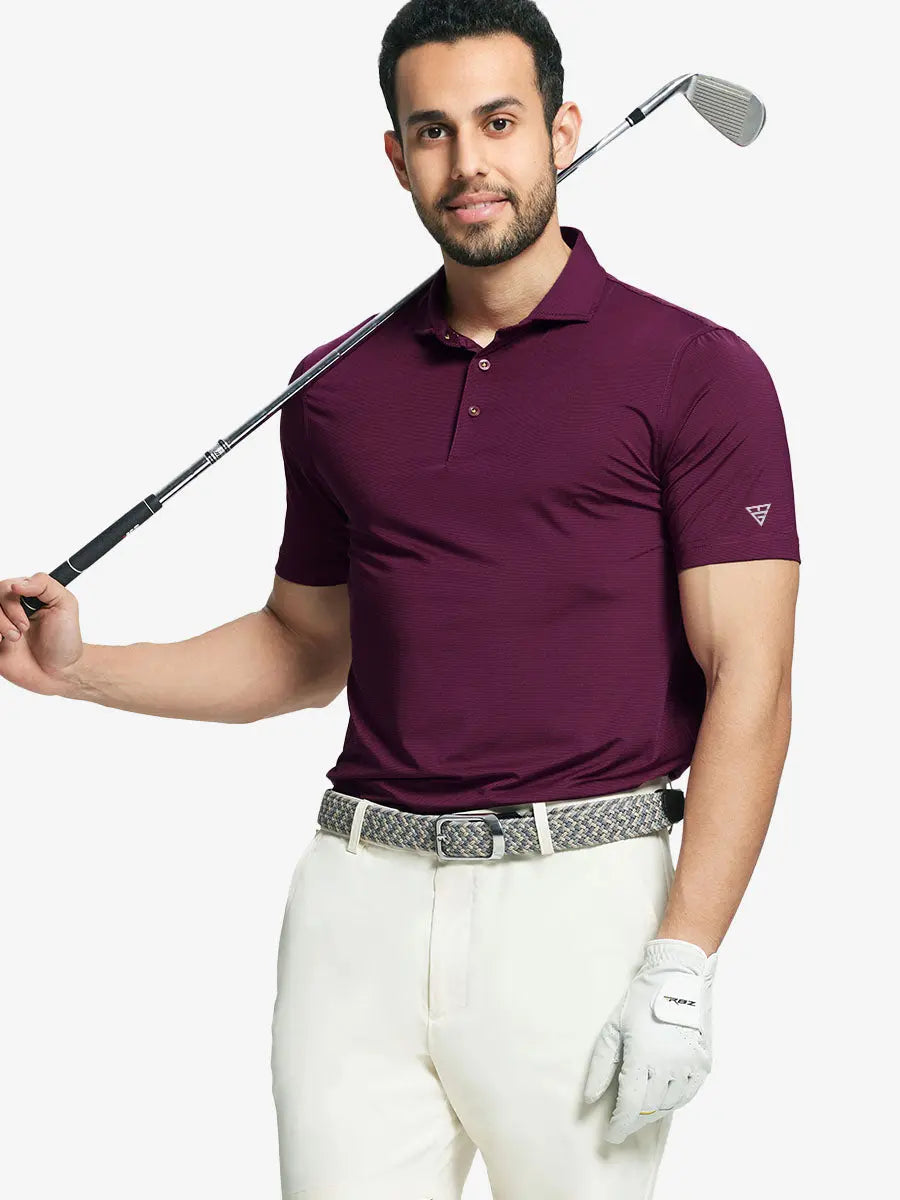 Model in MAROON STRIPE PINSTRIPE Pinstripe Jersey Performance Polo holding golf club, front half-body view								
