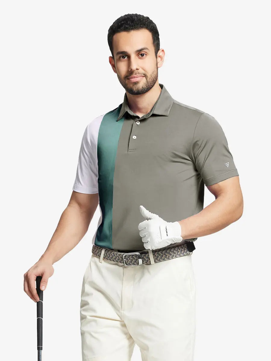 Half-body front view of model holding golf club wearing DARK KHAKI Moisture Wicking Color Block Polo Shirt.